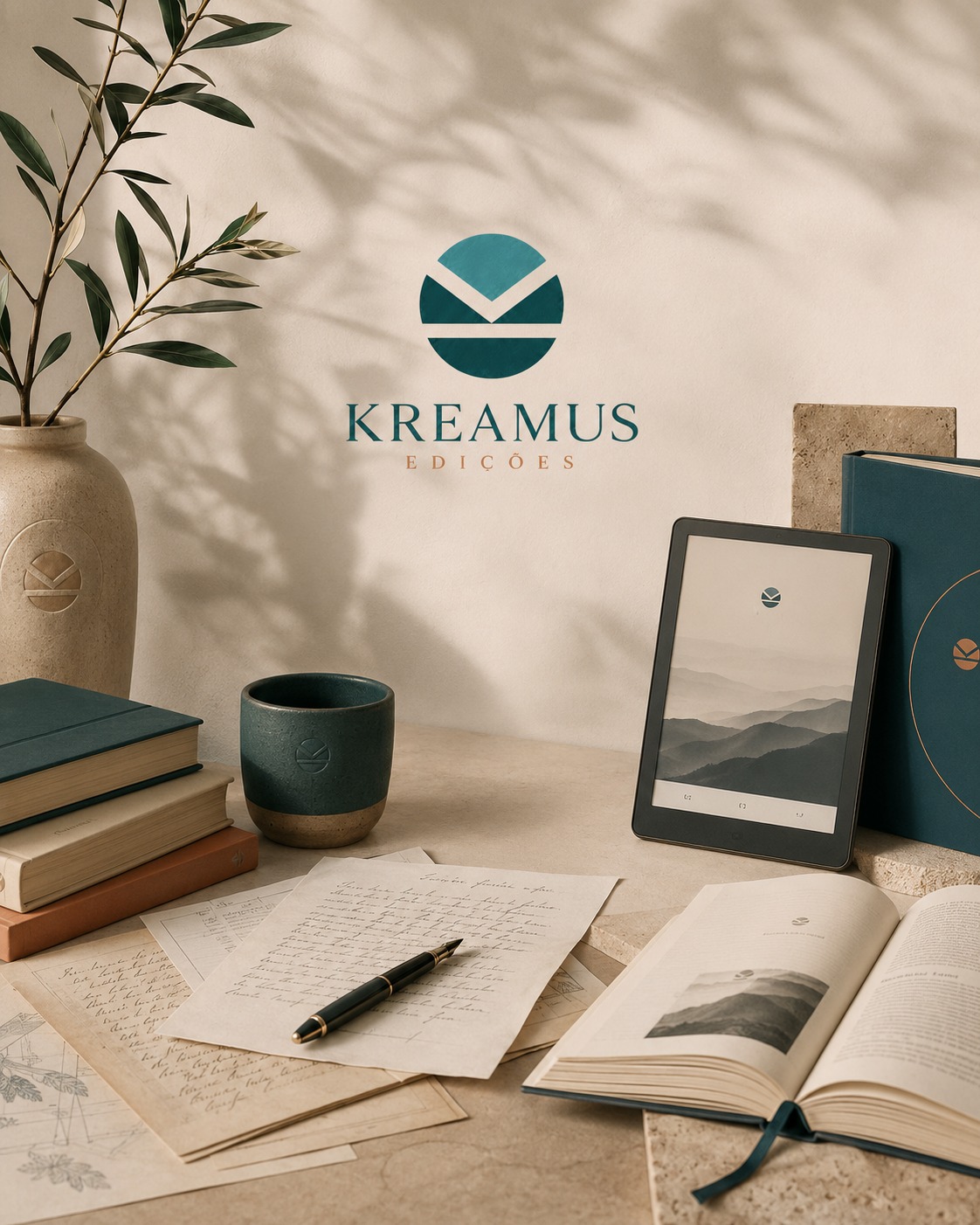 Ambiente editorial da KREAMUS: livros, e-reader, caneta e manuscritos sobre uma secretária, com o símbolo da editora na parede