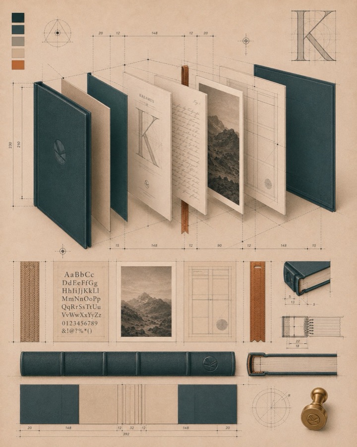 Estudo técnico de um livro em camadas: capa verde com o símbolo KREAMUS, miolo, provas de imagem e tipografia