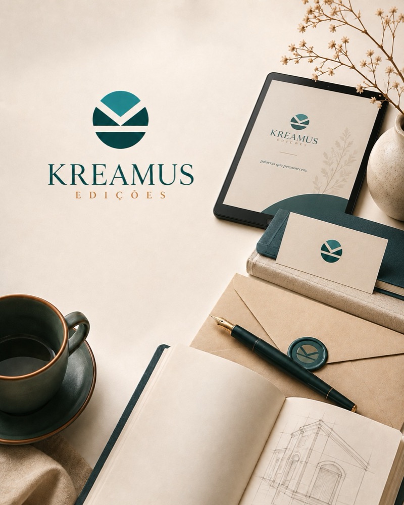 Secretária da KREAMUS com tablet, caderno aberto, caneta e envelope selado com o símbolo da editora