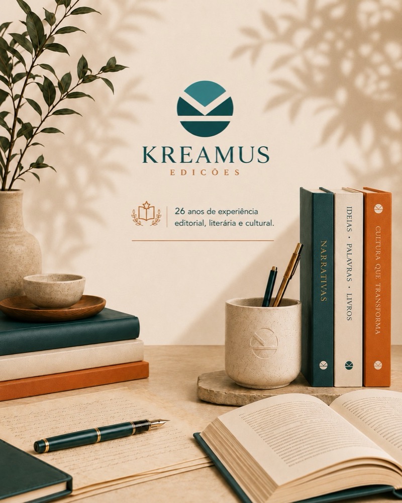 Composição editorial da KREAMUS: livros encadernados, caderno aberto, caneta e o selo da editora