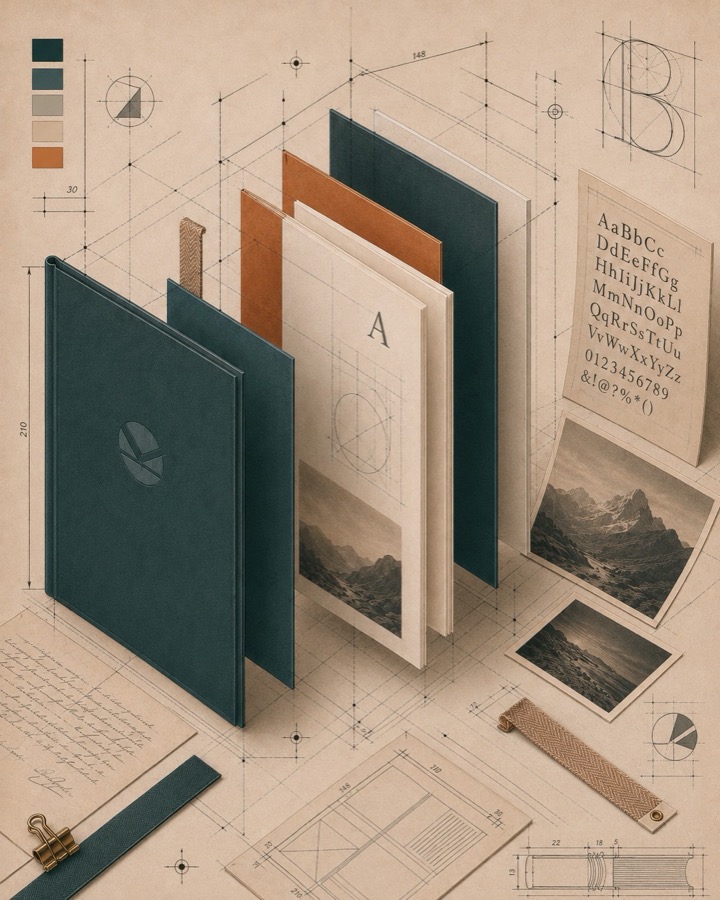 Ilustração técnica das camadas de um livro KREAMUS: capa, guardas, frontispício, provas e encadernação