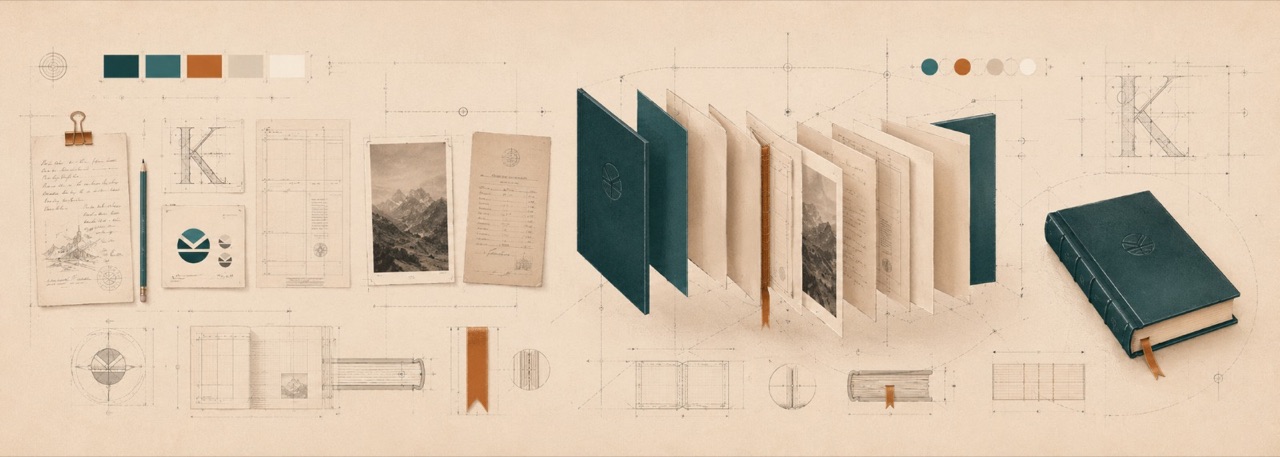 Ilustração técnica das camadas de um livro: manuscrito, grelhas de paginação, provas, capa e encadernação