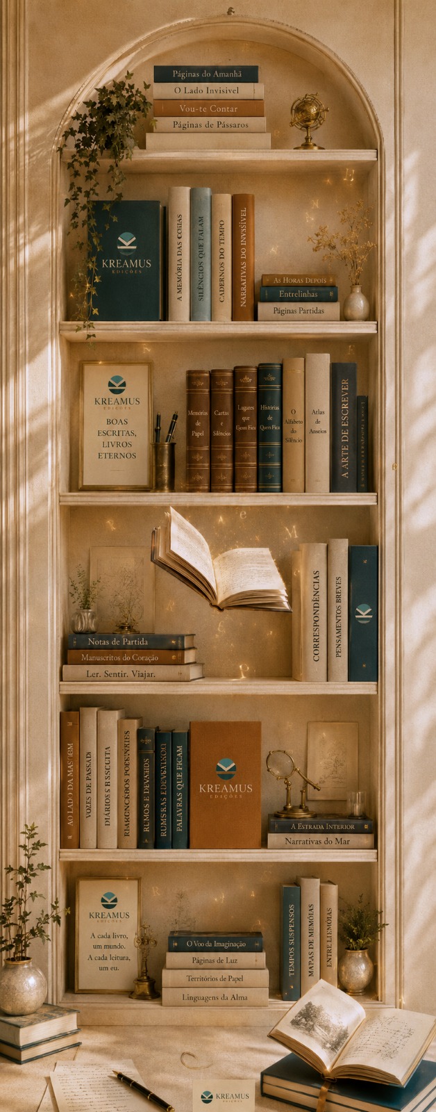 Estante da KREAMUS com livros da editora, manuscritos, objectos de leitura e um livro aberto